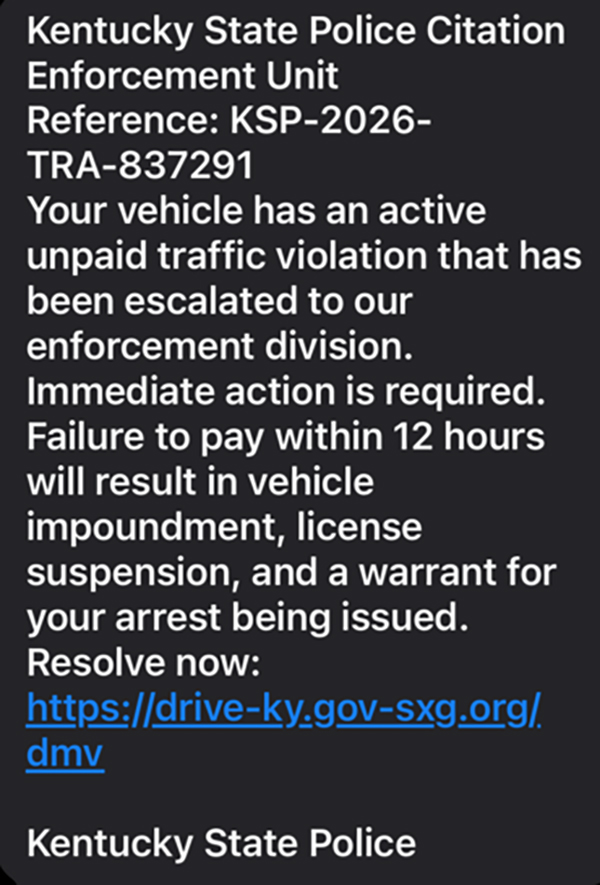 Kentucky State Police Warn Public of Text Message Scam Impersonating the Agency text scam web